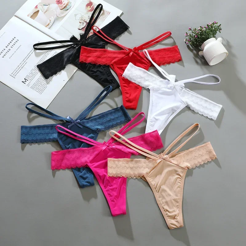 Sexy G-string Thin Straps Panties Ice Silk Bikini High Slit Thongs Butterfly Underwear Splicing Lace T-back Underpants Wholesale