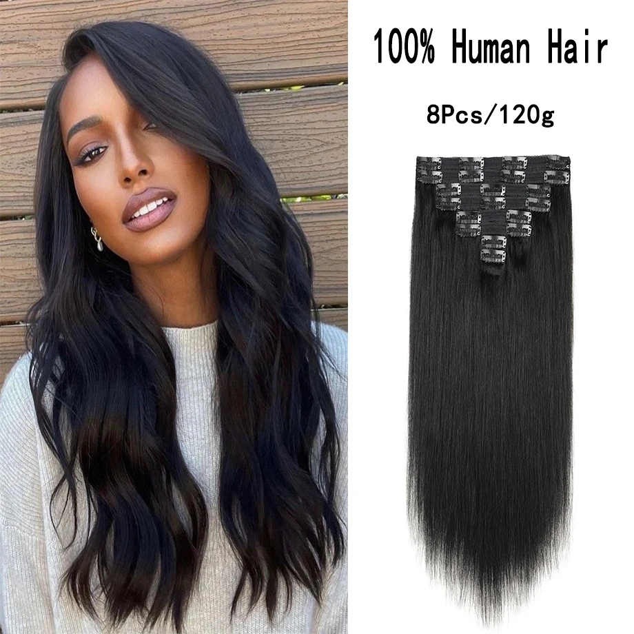 

Straight Clip In Hair Extensions For Thin Hair Women Human Hair Clip in Extensions Black 8Pcs Remy Virgin Extensions Weft 120g