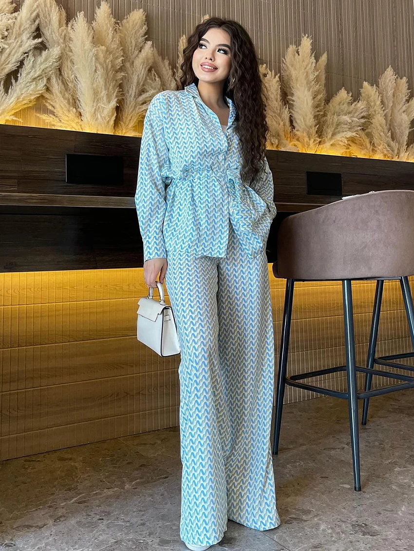 Marthaqiqi Printing Ladies Sleepwear Set Long Sleeve Robe Turn-Down Collar Pajamas Lace Up Nightwear Pants Casual Nightgown Suit