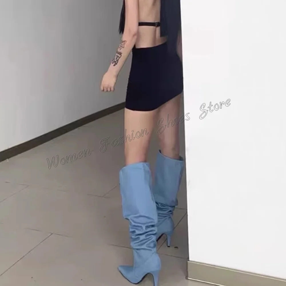 데님 플리츠 슬립온 부츠 니하이 스틸레토 하이힐 여성용 패션 힐 2025 신상 여성화