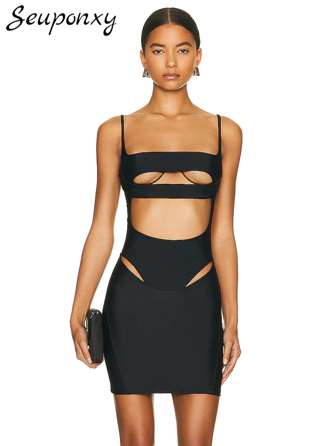 

High Quality Women's Black Fashion Bodycon Bandage Mini Dress 2023 Summer Sexy Sleeveless Hollow Backless Elegant Party Dress