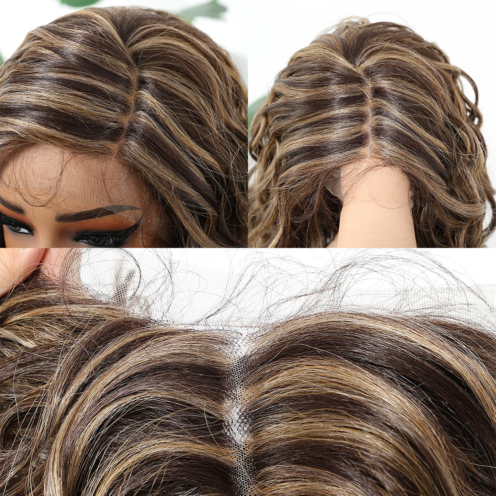 Kant Frontale Synthetische Pruiken Goudbruin Hoogtepunt Gemengde Pruiken Zijdeel Kant Haar Middellange Watergolf Pruiken voor Afro Vrouwen