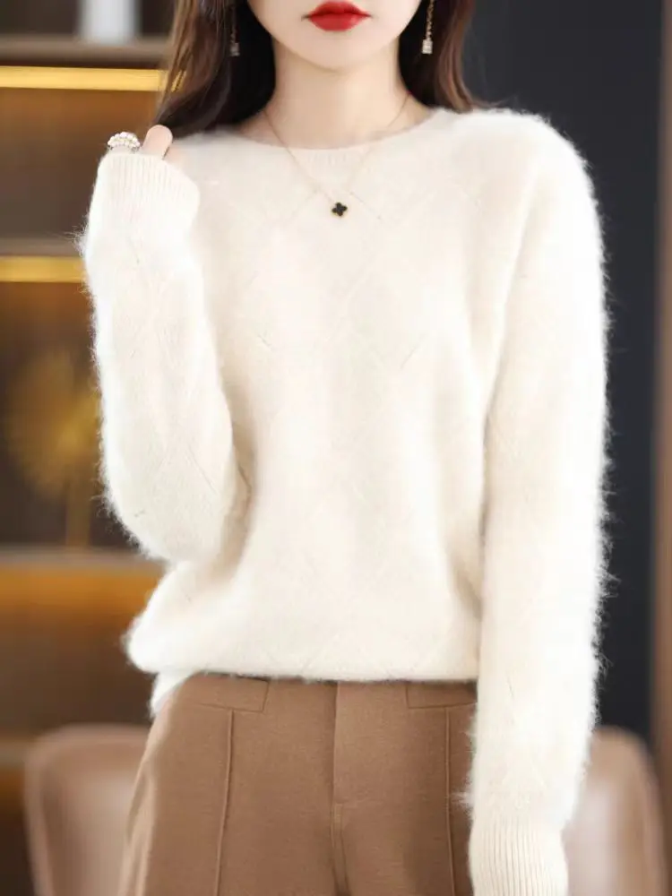 100% Mink cashmere sweater Women\'s knitting sweater O-neck long sleeve pullover Autumn and winter clothing warm top