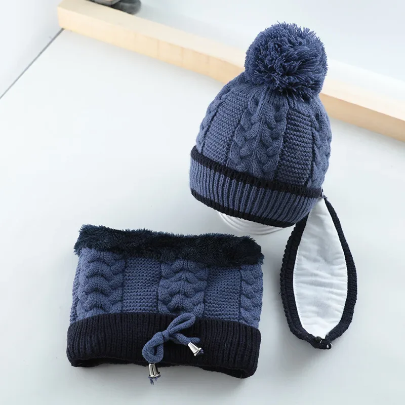 Two-piece suit Winter Knitted Beanie Hat Mouth Neck Warmer Set for Girls Boys Kids, Warm Fleece Lined Ski Caps with Pompom