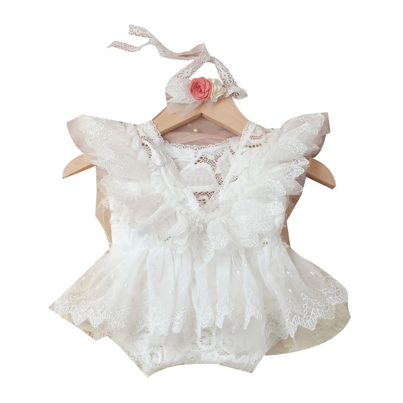 

Newborn Photo Props Headband Lace Jumpsuit Posing Clothes Baby Photography Suit Backless Princess Dress Infant Costume