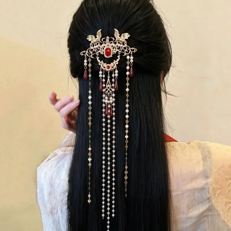 1PcsVintage Chinese Hanfu Hair Clip Faux Pearl Tassel Golden Crane For Weddings