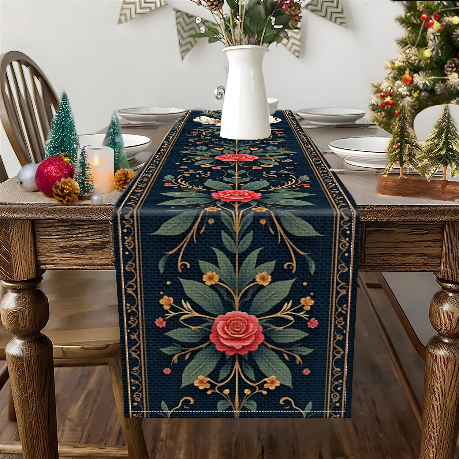 1 Piece of European-Style Angel Rose-Themed Table Runner, Decorated with Roses and Gold Patterns, Suitable for European-Style Homes, Weddings, and Other Occasions