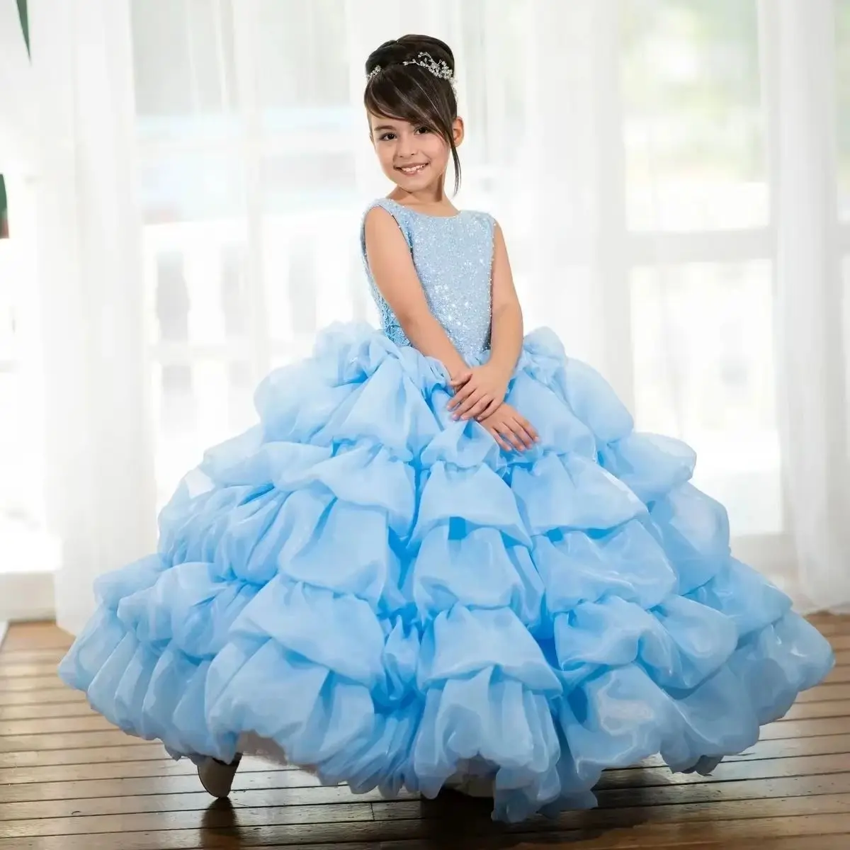 Handmade Wedding Gown Long Sleeve Embroidered Formal Party Gown Baby Girls Flower Girl Dress First Christmas Party Dress