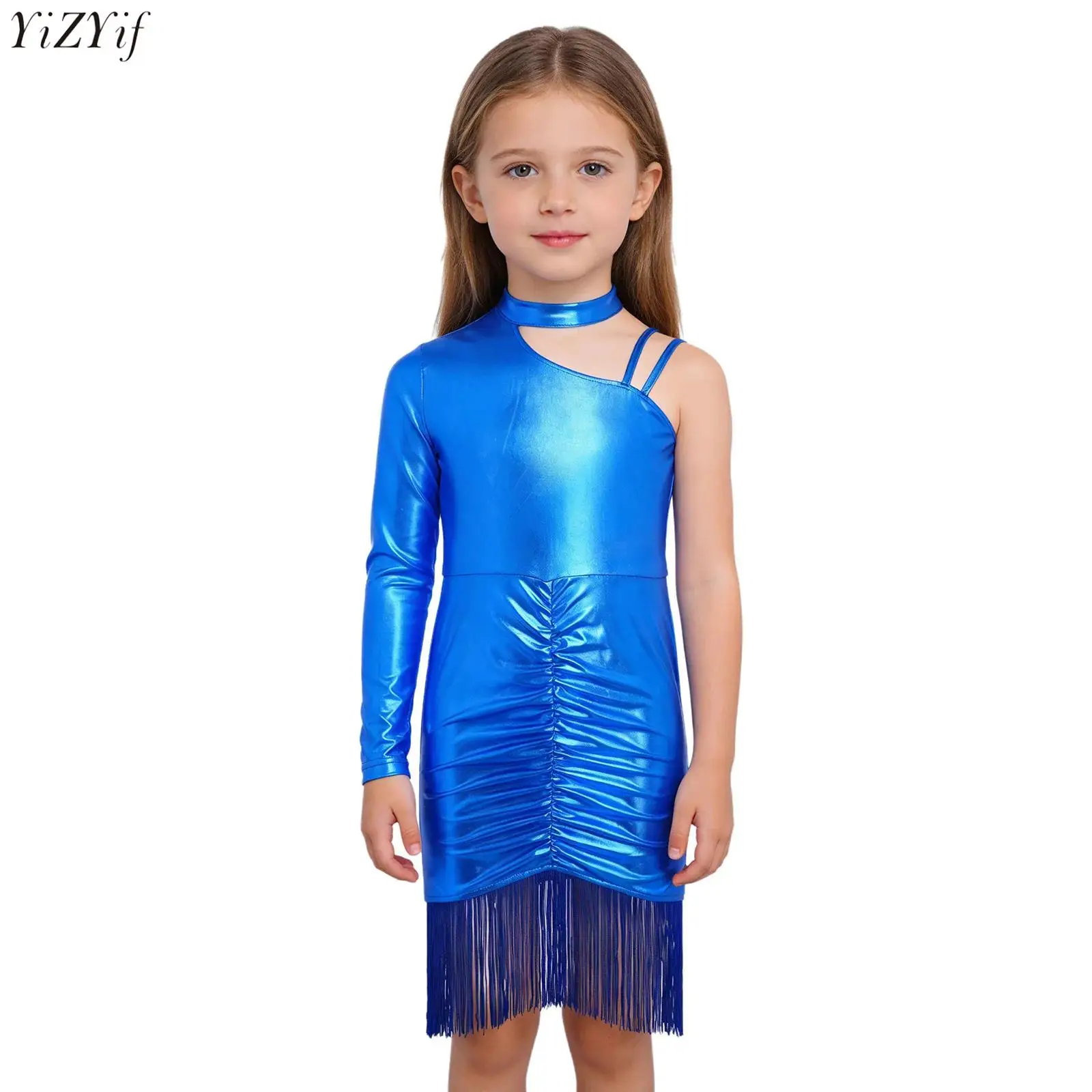 

Kids Girls Metallic Latin Cha-cha Dance Dress Asymmetrical One Shoulder Tassels Ruched Dresses for Stage Performance Competition