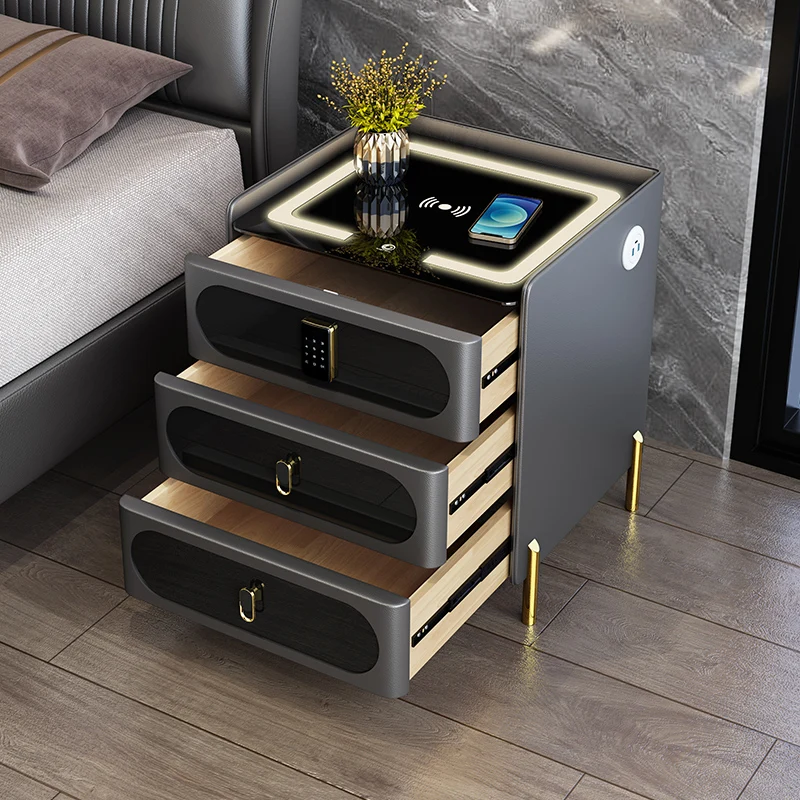 Smart Nightstand Bedside Table Password Lock Wireless Qi Charging Touch Control LED Lamp Minimalist Luxury Bedroom Storage
