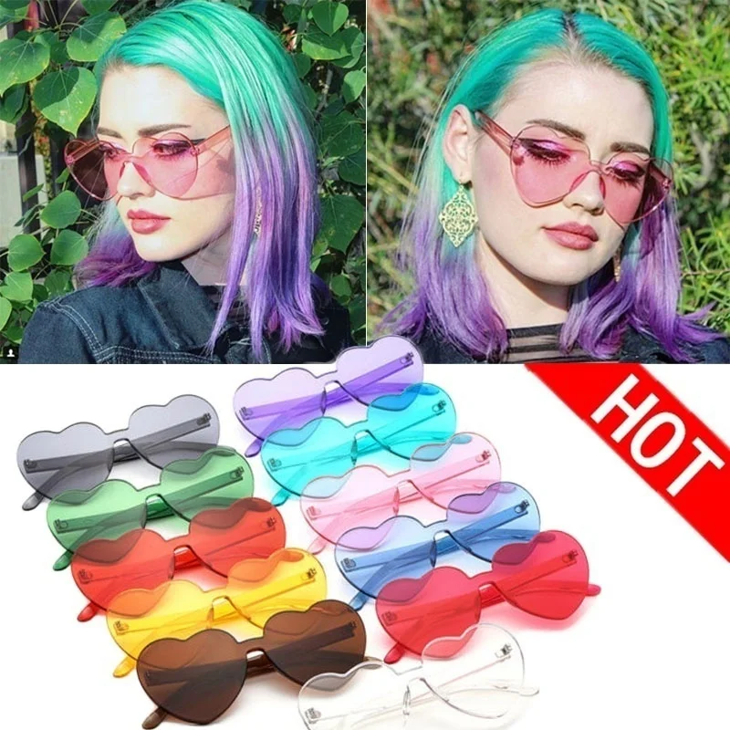 

New Love Heart Shape Sunglasses Siamese Rimless Frame Clear Lens Sun Glasses Travel Sunglasses Red Cute Candy Color Sunglasses