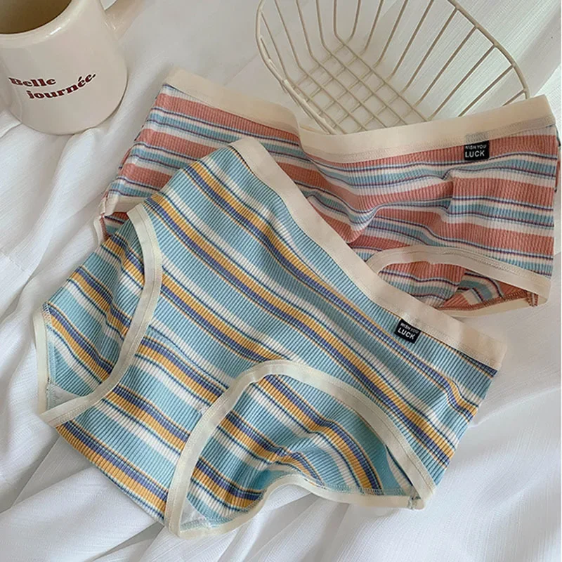 Striped Panties Underwear Women Mid Waist Briefs Breathable Comfortable Female Underpant Seamless Intimates Lingerie