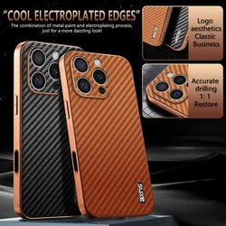 for iPhone 16 15 14 Pro Max Plus Case Carbon Fiber Texture PU Leather Soft Cover Plating Bumper All-round Camera Shell Fundas