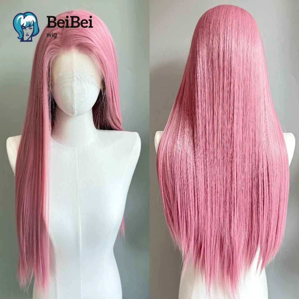 

Светло-розовый синтетический парик фронта шнурка Розово-розовые парики фронта шнурка Предварительно выщипанные прямые парики для женщин Термостойкие волокна Косплей