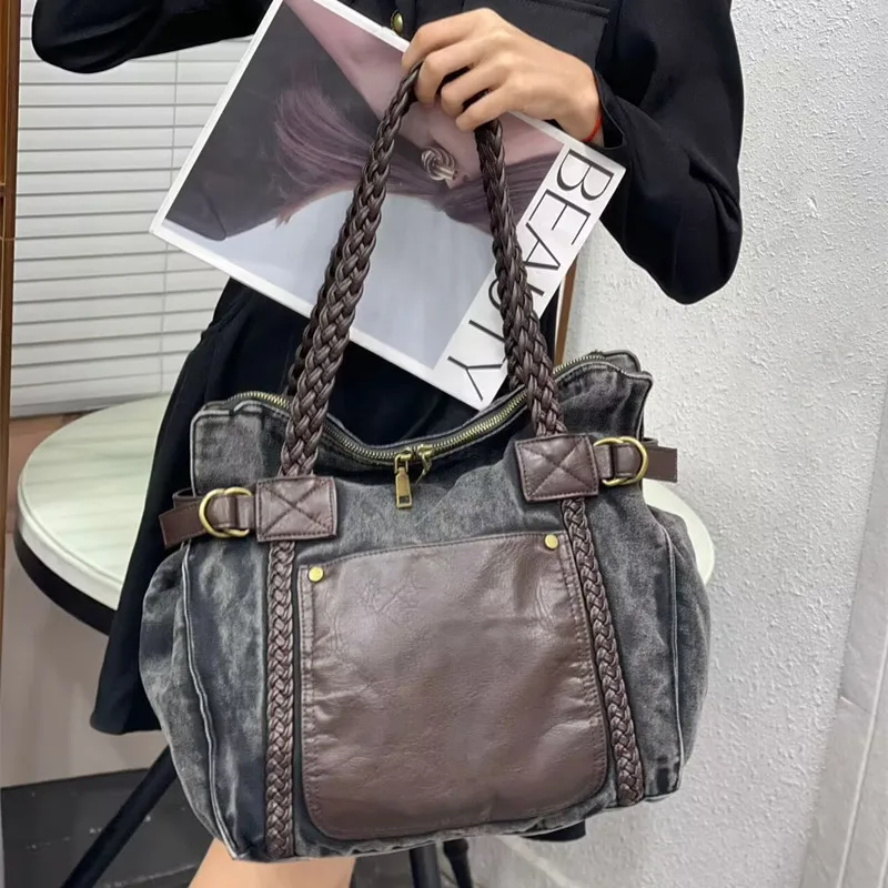 Vintage Denim Large Capacity Tote Bag Maillard Women Shoulder Bags Pu Leather Patchwork Crossbody Bag Big Shopper Purses 2026