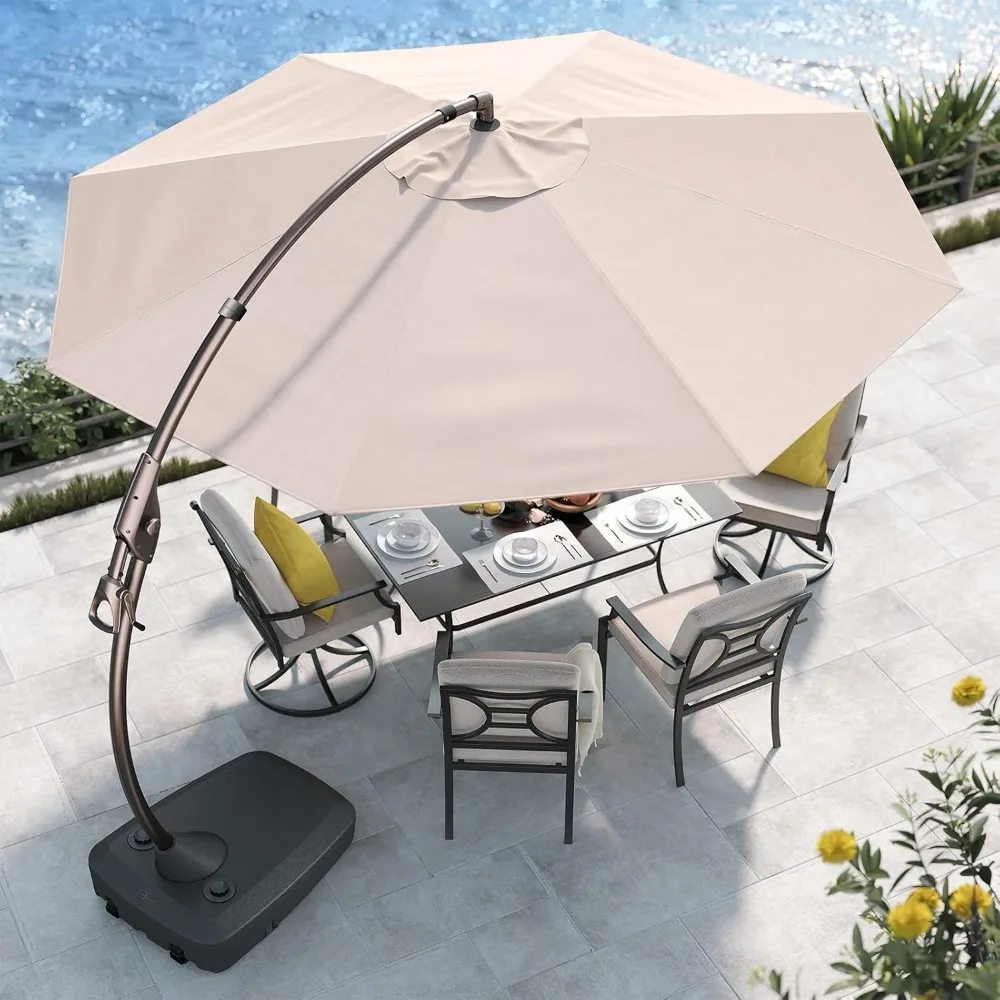 11FT Cantilever Umbrella with Base Outdoor Large Round Aluminum Offset Umbrella for Patio Garden Backyard (Champagne