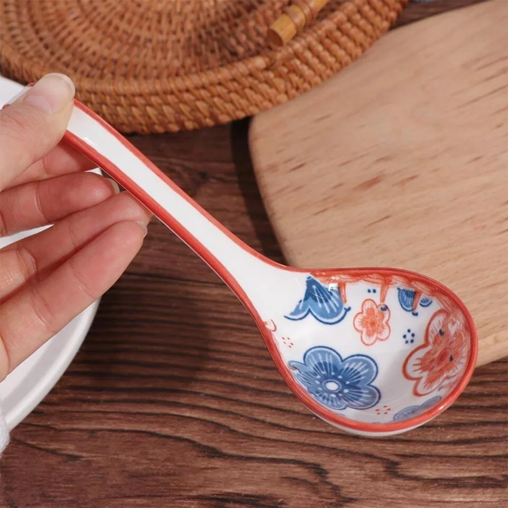 New Household Ceramic Spoon Japanese Style Long Handle Ladle Congee Curved Handle Round Head Ramen Spoons