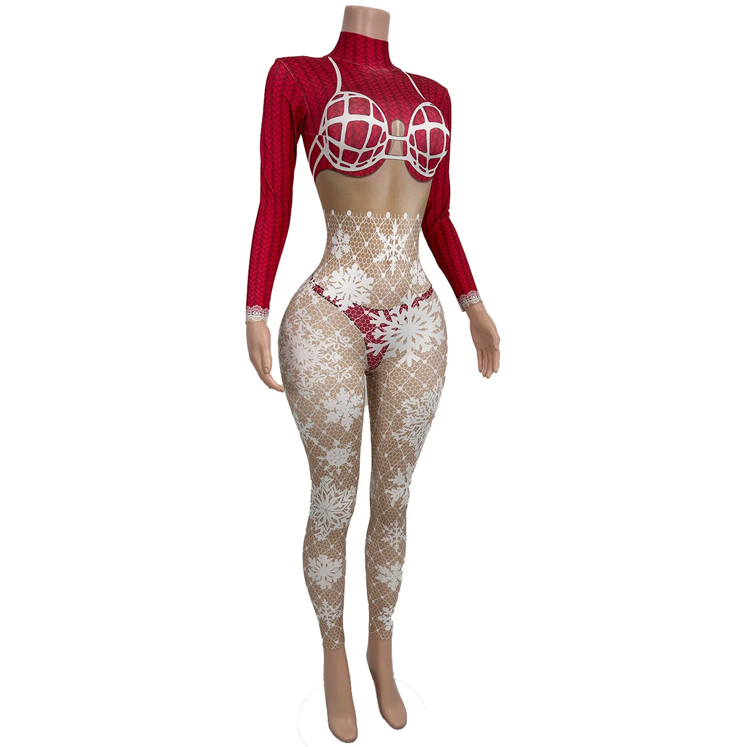 Christmas Snowflake Printing Tight Fitting Jumpsuit Festival Celebrate Stage Performance Dress-up Outfit Dance Show Sexy Wear - Image 2