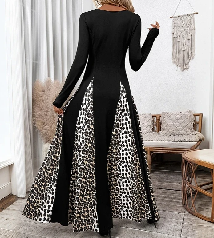 Slim fitwomen preto quadrado pescoço manga longa leopardo impressão cor bloco maxi vestido outono inverno festa casual moda