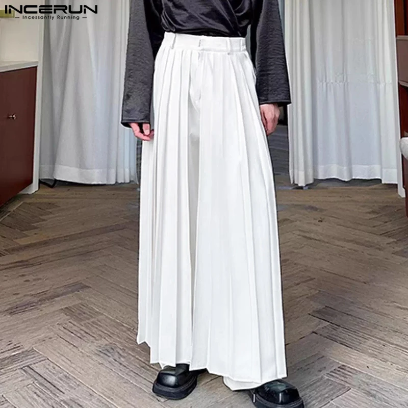 

INCERUN Men Pants Solid Color Pleated Joggers Fashion Casual Wide Leg Trousers Men Streetwear Joggers Fashion Male Long Pants