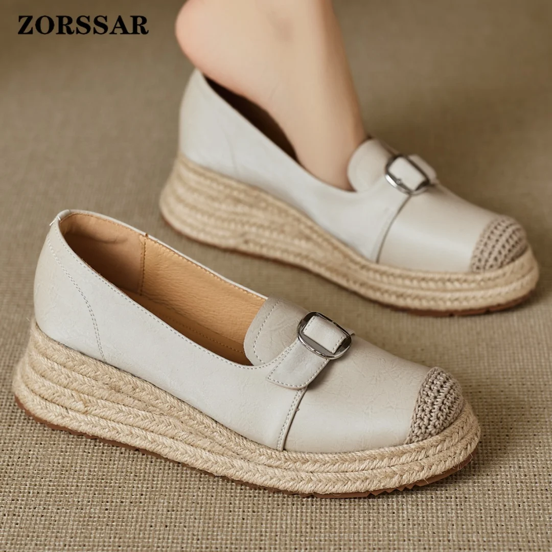 

2026 New Women's Genuine Leather Hemp Thick Sole Platform Flats Slip-on Flats Loafers Metal Buckle Round Toe Casual Moccasins 40