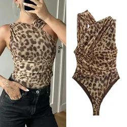 2024 Woman Body Leopard Print Mesh Sleeveless Bodysuit Women Summer Tulle Off Shoulder Tight Bodysuit Lingerie Sexy Body