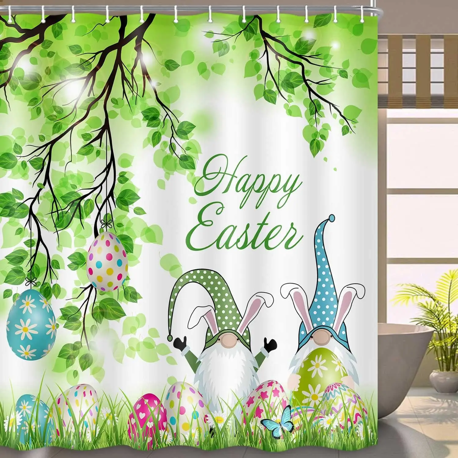 Spring Bunny Easter Shower Curtain Watercolor Flower Plant Green Leaves Rabbit Butterfly Bathroom Decor Fabric Bathtub Curtains