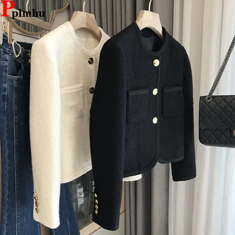 Elegant Slim Tweed Woolen Short Chaquetas Korea Fashion Single Breasted Vintage Bomber Jackets Coats New Women Jaqueta Casacas