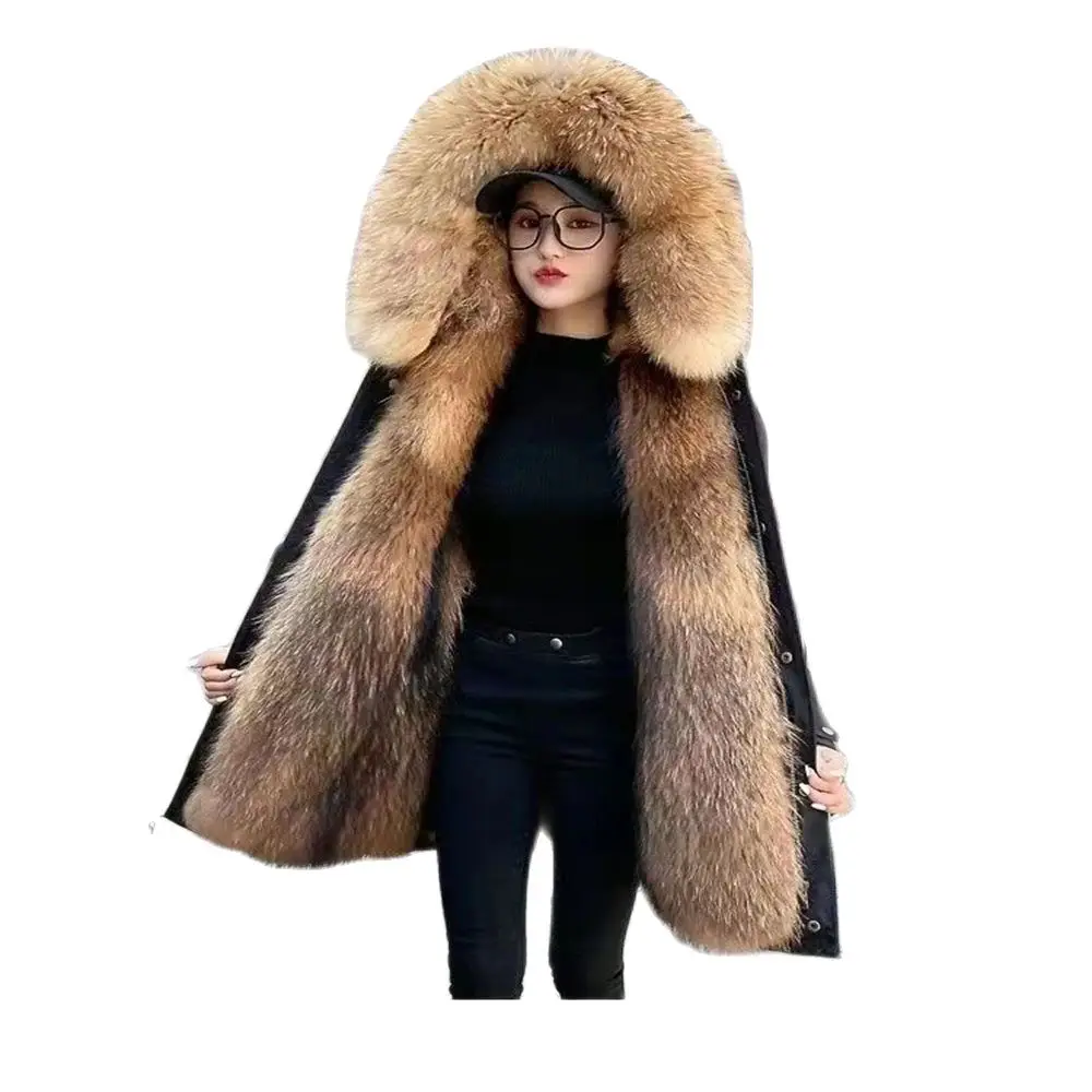 Kapuzen mantel für Frauen große Kunst pelz Waschbär Fell russische Jacke warme Kleidung Winter Top heißen Verkauf Parka Dame dicken Baumwoll mantel