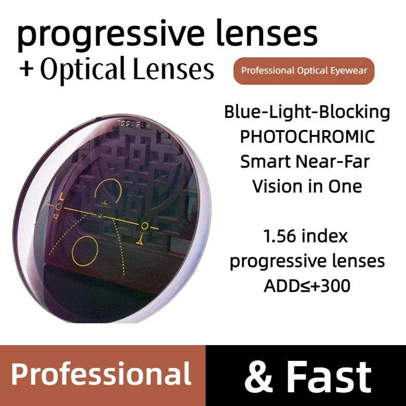 

ДОБАВЬТЕ + 100 ~ + 300, прогрессивные линзы с индексом 1,56, фотохромные блокирующие синий свет для близорукости, пресбиопии, умное зорение ближнего феи в одном