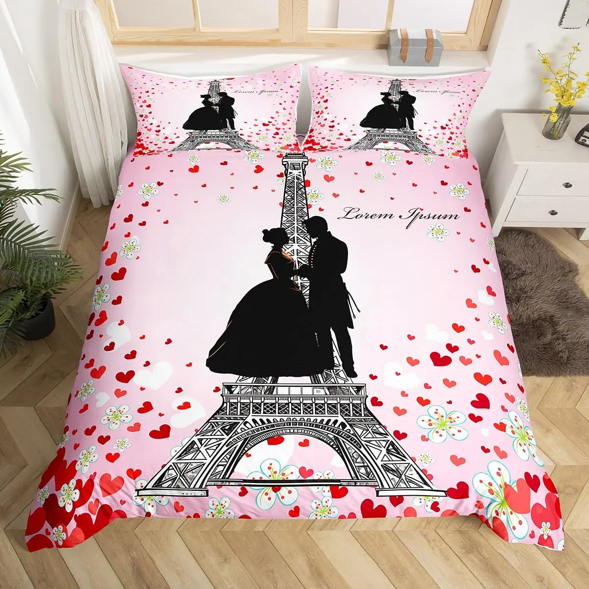 Paris Love Comforter Cover Eiffel Tower Duvet Cover for Men Women Romantic City Flower Bedding Sets for Valentine Wedding Gift