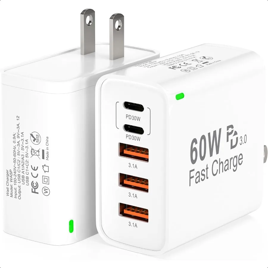 

2Pack USB C Fast Charger Block 60W 5Port USB C Wall Charger 30W Type C Charging Block 2USB C+3USB A PPS PD 3.0 Multiport Chargi