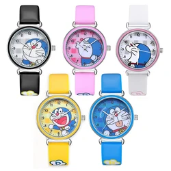 Miniso Anime Cartoon Doraemon Waterproof Round Quartz Boys Girls Students Watch Fashion Leather Belt Wristwatch Christmas Gift