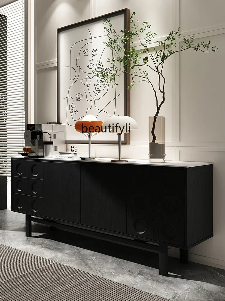 

07Solid Wood Entrance Cabinet Italian Minimalist Stone Plate Sideboard Cabinet Living Room Decoration Tea Cabinet Locker