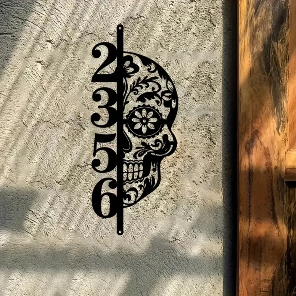 Vintage Gothic Sugar Skull Custom Vertical Address Sign with Floral Pattern, Outdoor Yard Wall Decor Gift for Halloween & Fall S