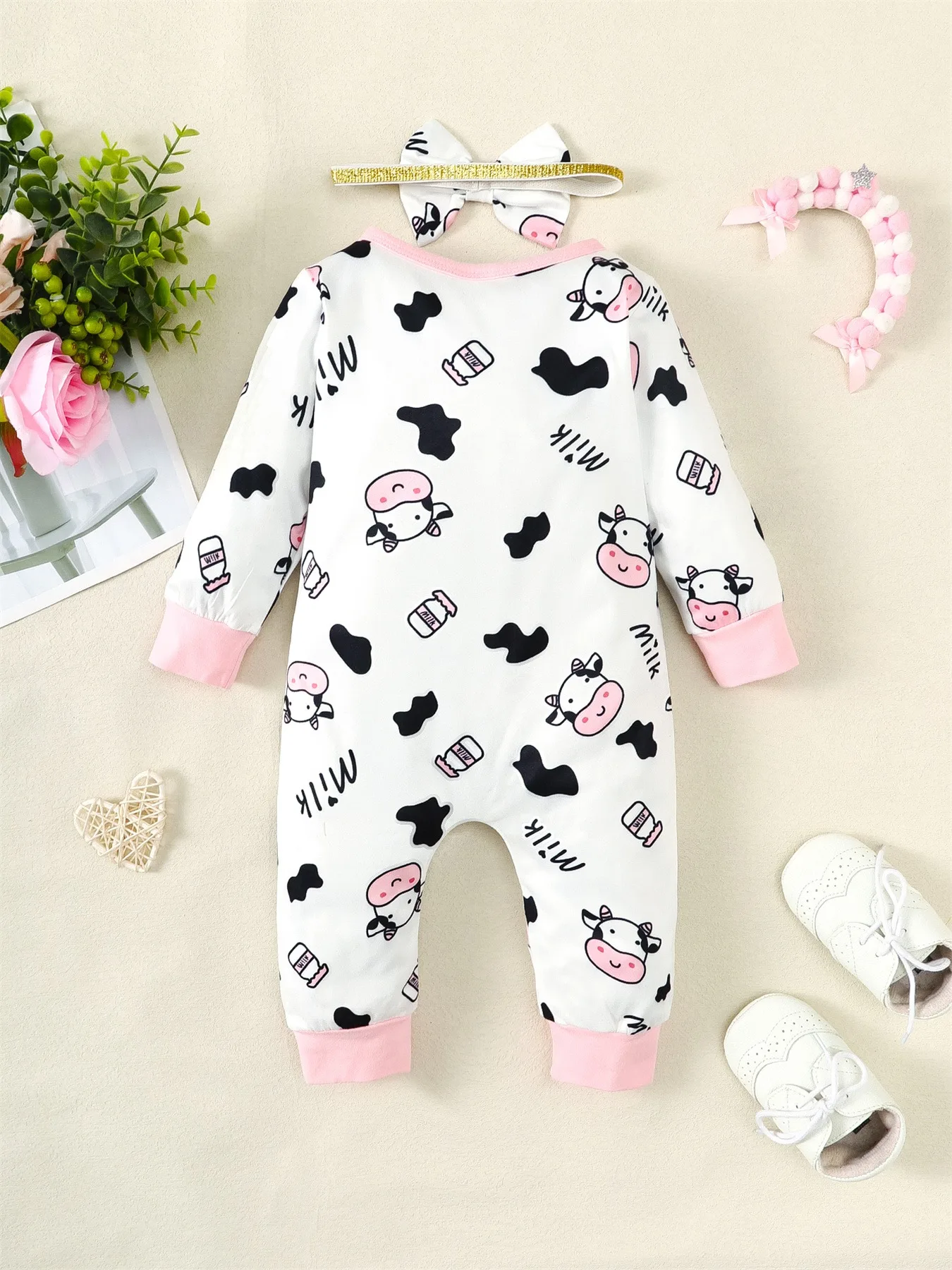 2PCS Newborn Baby Girl Fashion Jumpsuit Cute Cow Long Sleeve Bodysuit+Headband Spring&Autumn Romper for Toddler Girl 0-18 Months