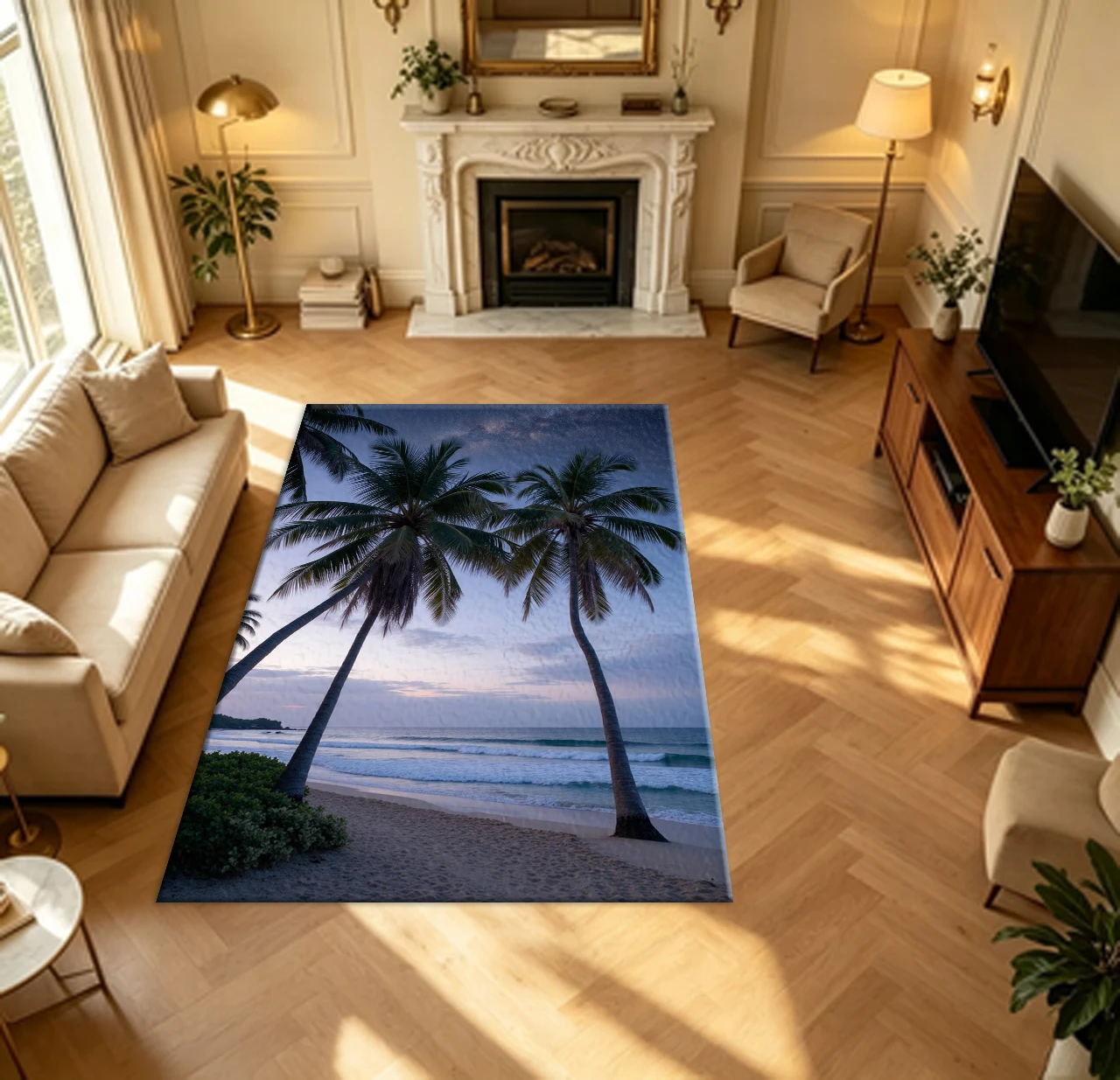 Night Seaside Coconut Palms Milky Way Starry Sky carpet flooring Beach Landscape Rug