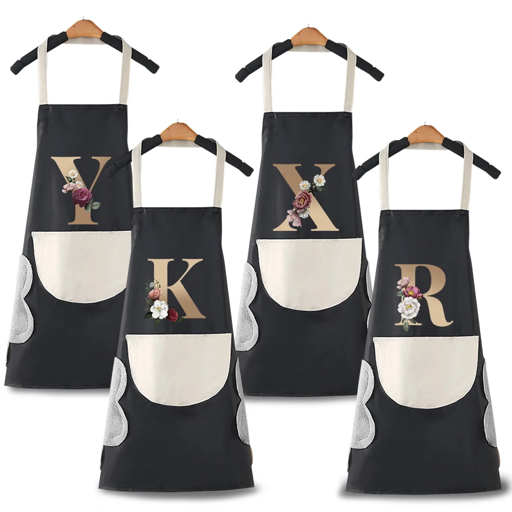 Fashion Kitchen Apron Women Household Cleaning  Pinafore Cooking Baking BIb Gold Letter Pattern Cafes Studios Uniform Aprons