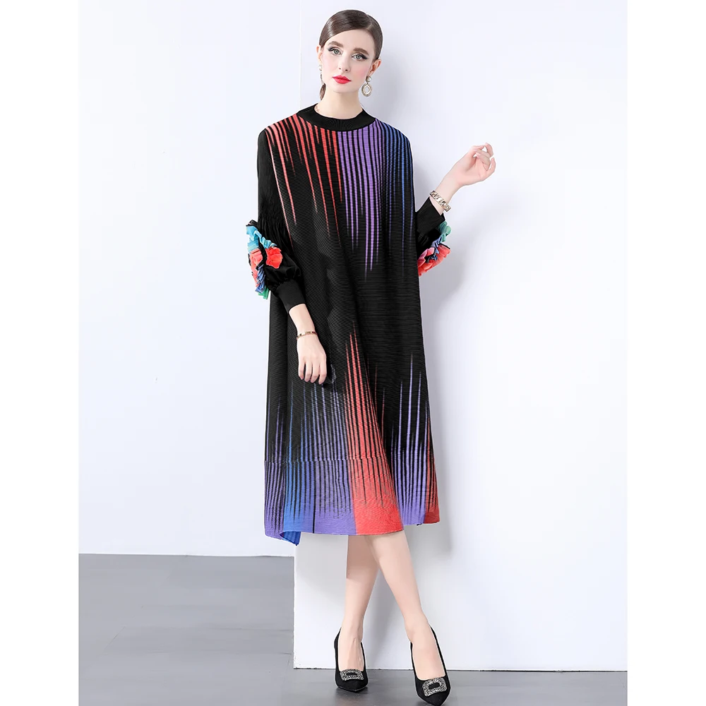 Miyake Pleats Heavy Embroidery and Flower-like Pleated Print Midi Dress Focal Point Versatile Banquet Attire for Women Autumn