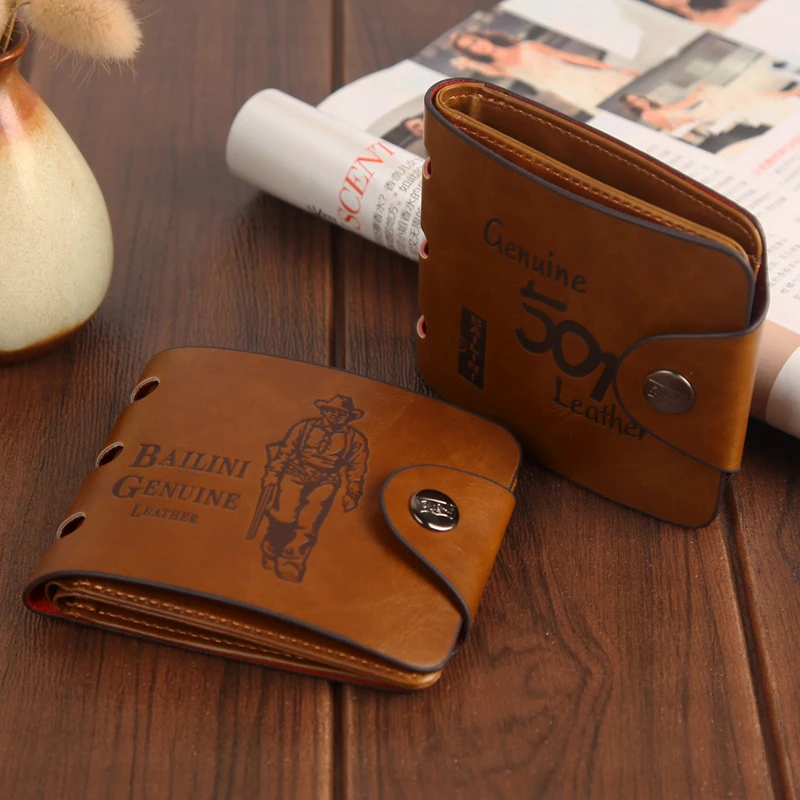 Thin Leather Men`s Wallet Large Capacity Card Holder Snap Wallet Coin Purse Western Denim Hollow Out Personality Design