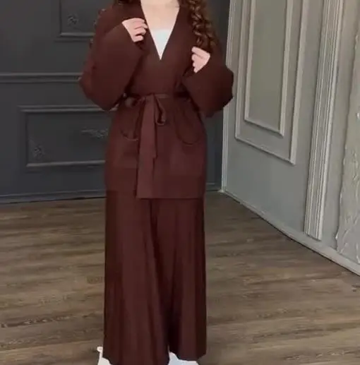 

Vintage French Women's Autumn Skirt Set Loose Strap Pockets V-Neck Cardigan Jacket Comfortable Half Skirt Set Elegant Skirt Set