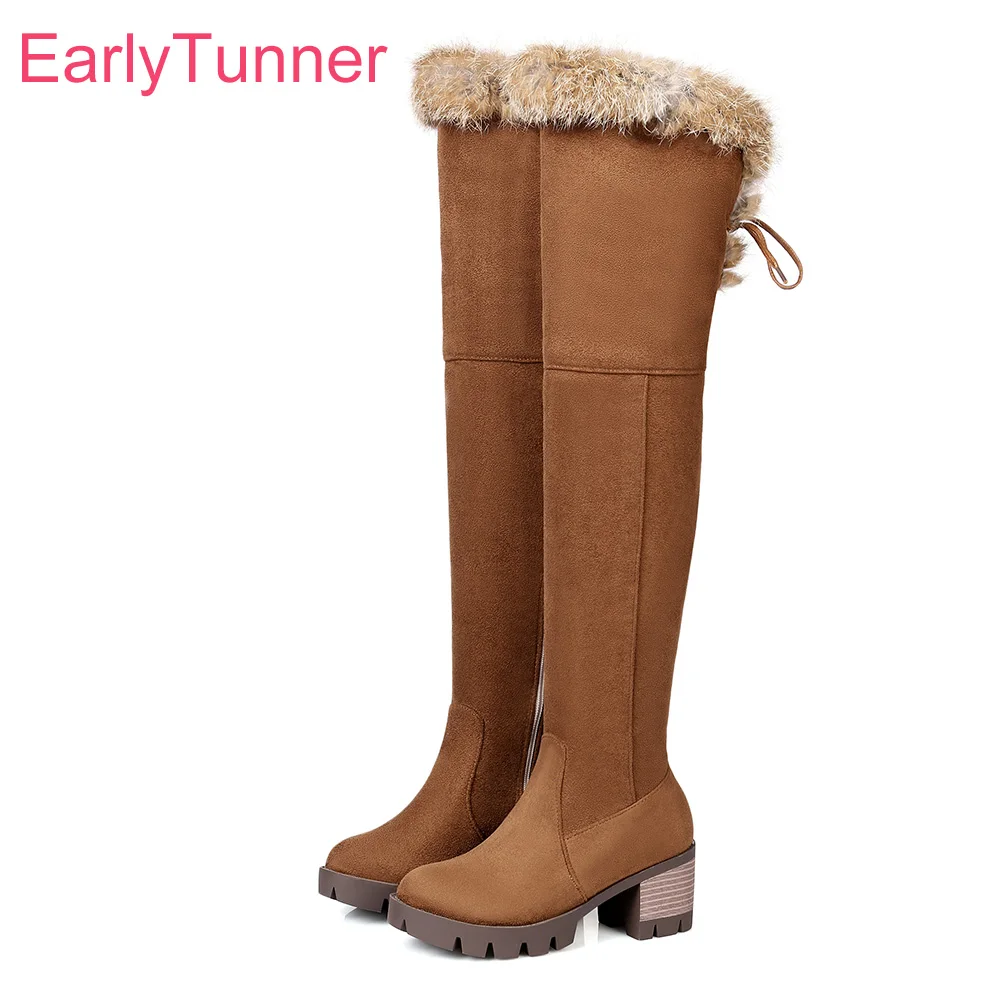 Brand New Winter Furry Warm Black Women Thigh High Snow Boots Brown Lady Over knee Shoes Chunky Heel EC93 Plus Big Size 10 32 46