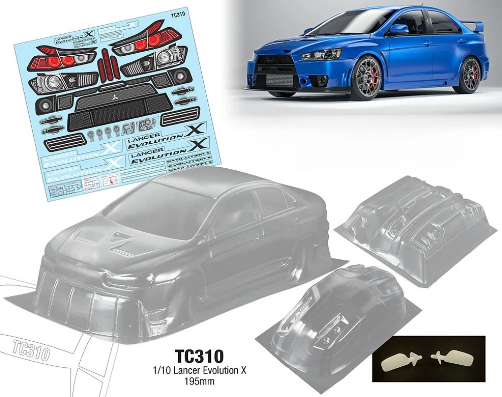 TC310 1/10 Lancer Evcolution X Clear Lexan body. 195mm Wide Bodyshell. RC Drift Car 258mm Wheelbase. Tamiya tt02. Kyosho fazer