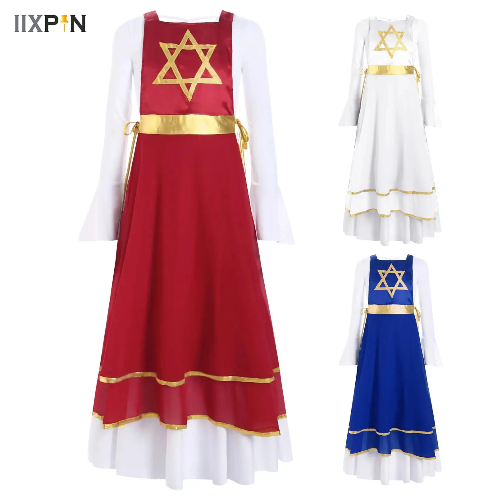 

Kids Girls Liturgical Praise Dance Clothes Long Sleeve Ruffle Cuffs Long Dress+Lace-Up Sides Split Sleeveless Tunic Overall