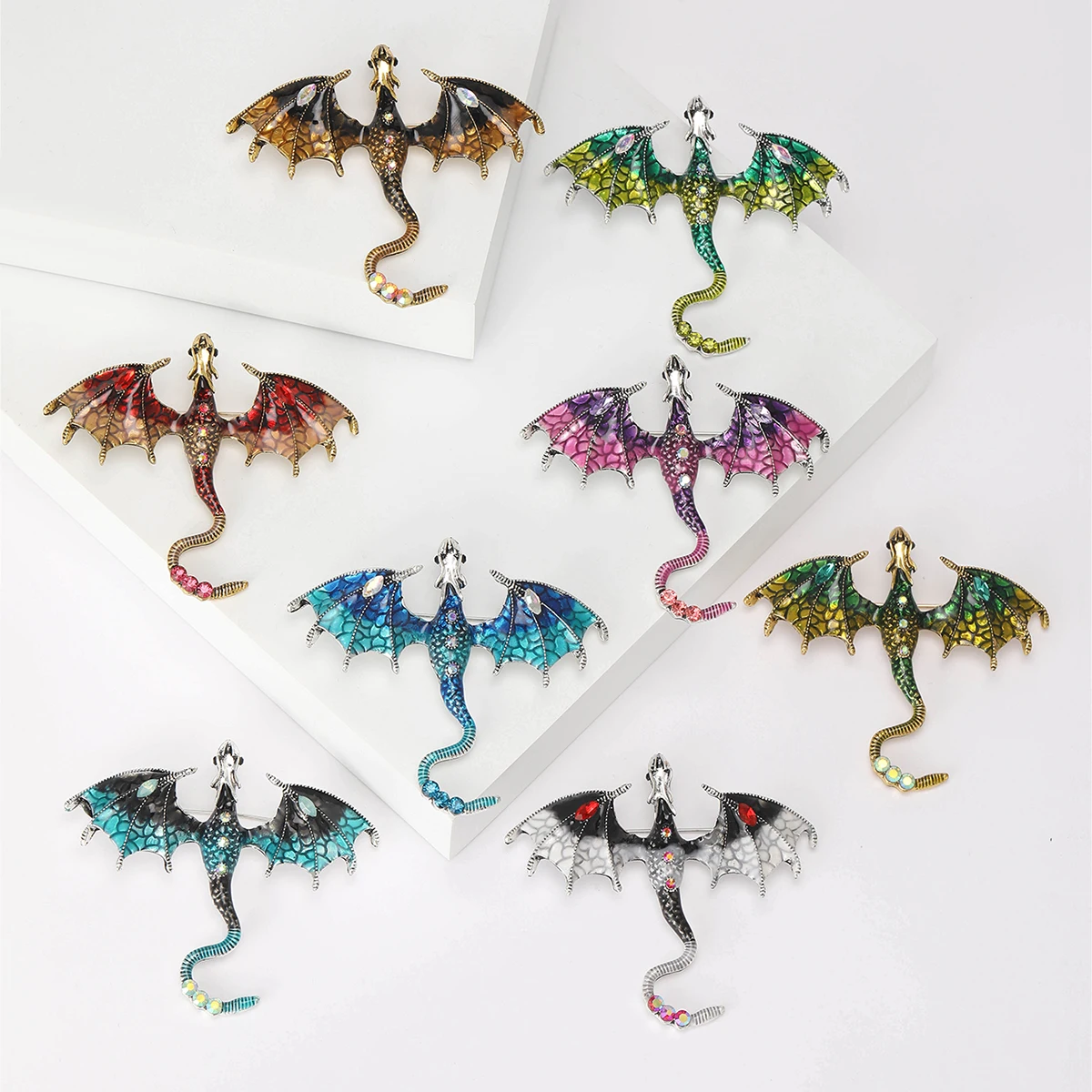 Enamel Dragon Brooches for Men Rhinestones Serpent Necklace Flying Dragons Pins Office Party Friend Gifts Accessories