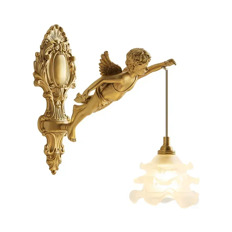 French Vintage Style Copper Angel Hanging Flower Crystal Art Wall Lamp Palace Corridor Entrance Porch Balcony Bedside Led Lights