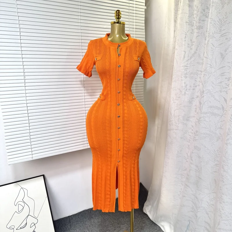 Elegante gebreide slim fit jurk zomerkleding dames korte mouw bodycon lange jurken met enkele rij knopen OL-stijl gebreide jurken