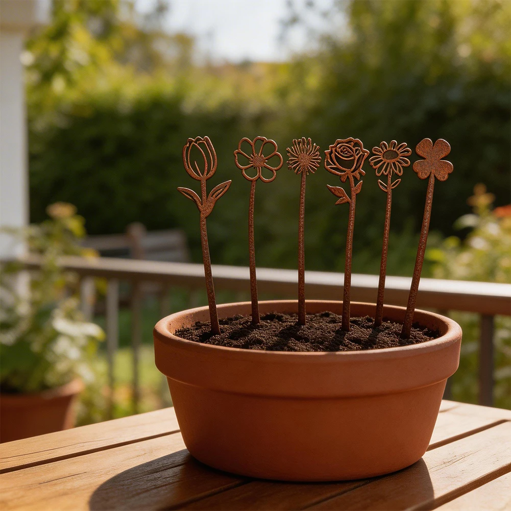 Garden Flower Stakes 6 pcs - 25.4cm Iron Metal Floral Decor for Yard Patio Walkway and Outdoor Space Decoration