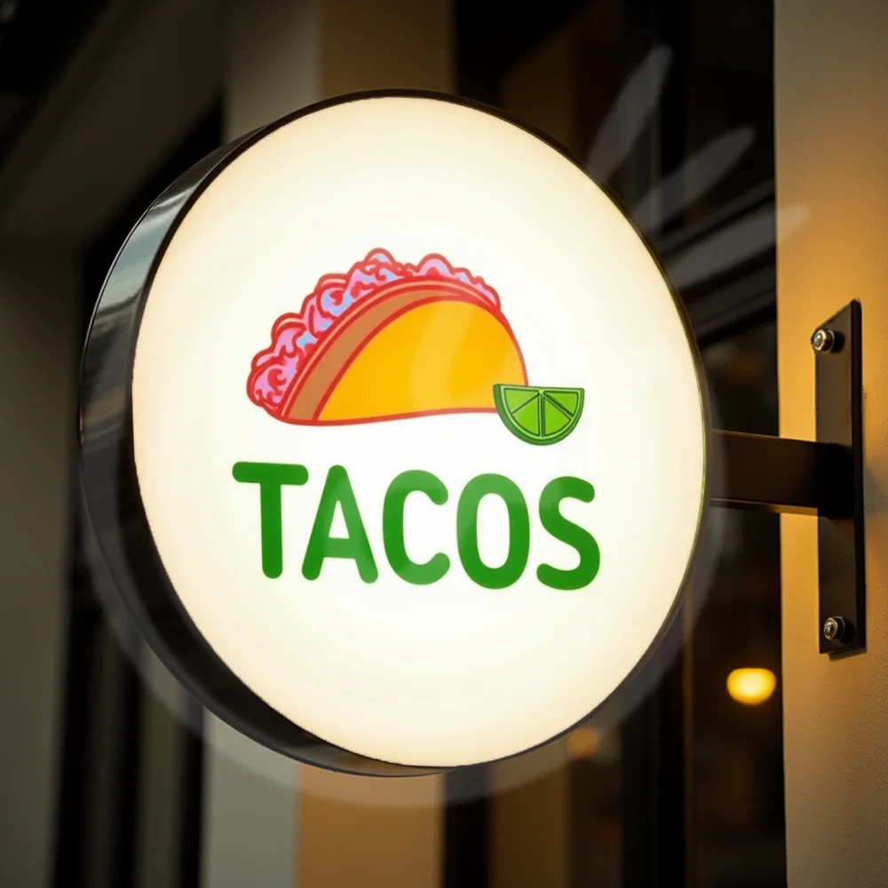 صندوق إضاءة تاكو مستدير من الأكريليك LED مخصص لواجهة المتجر مقاوم للماء على الوجهين لافتات أعمال خارجية مثبتة على الحائط