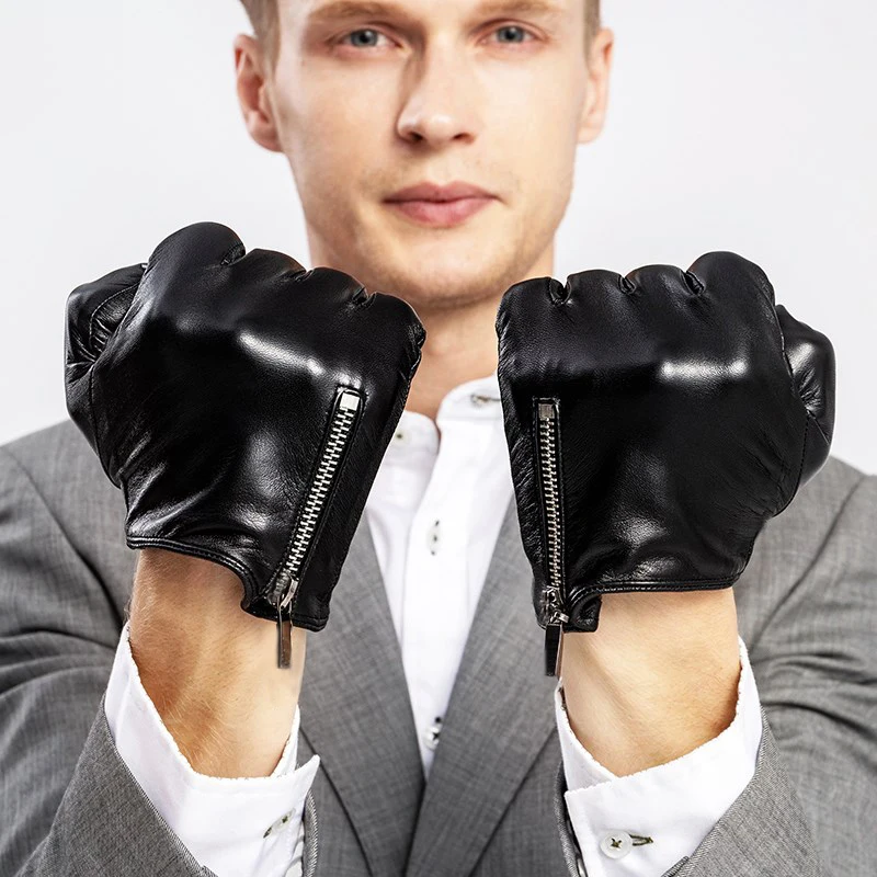 Man's sheep leather Gloves with Zip Top Italy lambskin Black Gloves